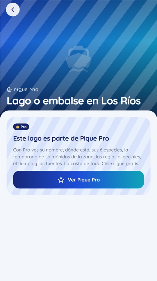 Ficha de un lago de Pique Pro: achurada, sin nombre ni ubicación, con la invitación a Pro