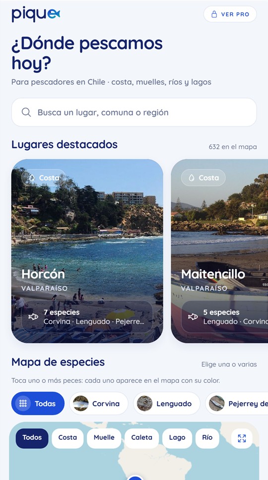 Pantalla de inicio de Pique con lugares destacados y el mapa de especies